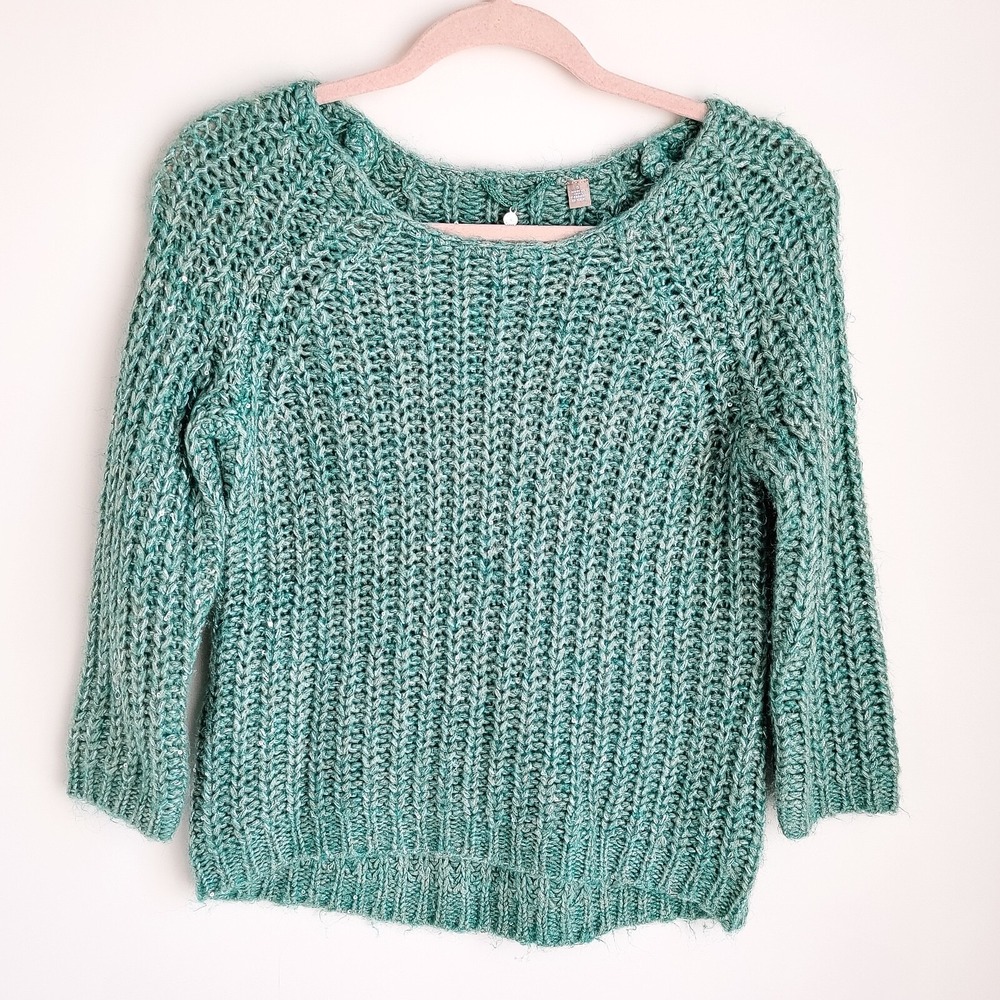 Anthropologie Knitted & Knotted Green Sequin Pullover Knit Sweater Womens S